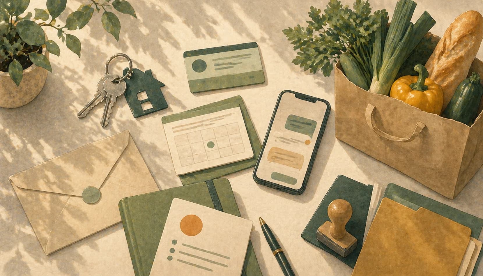 Illustration of everyday Germany-life objects including apartment keys, messages, groceries, documents, and appointment cards.