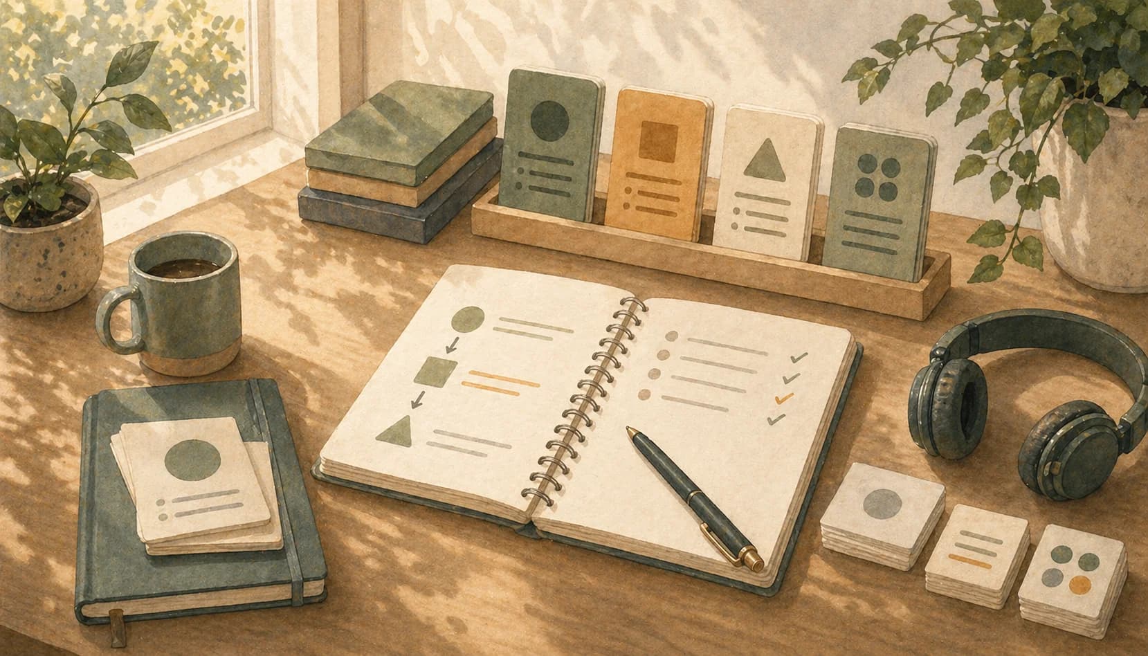 Illustration of an organized German learning desk with vocabulary cards, headphones, notes, and writing practice.